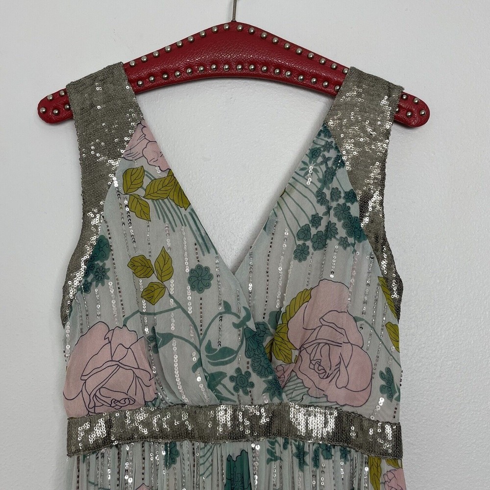 Anthropologie Sylvia Sequin Beaded Fringe Midi Dress Floral | Size 2 - Picture 2 of 16